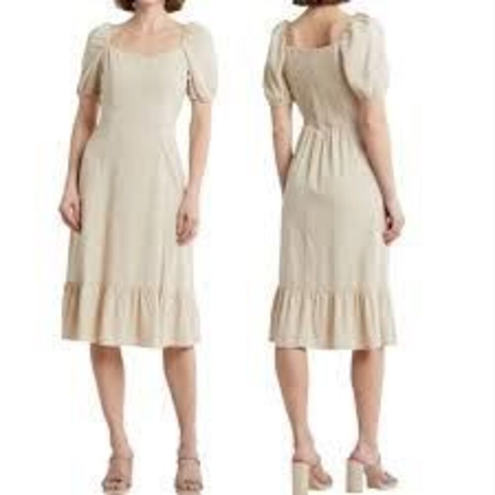 NWT Ellen Tracy puff sleeve linen blend midi dress in light tan Size L